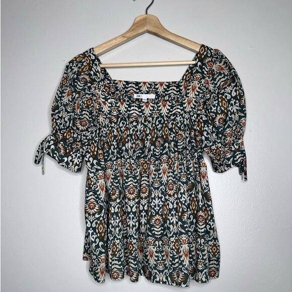 Nordstrom DR2 Boho Puff Sleeve Blouse Small Multicolor Ikat Print Cotton Top - Picture 2 of 7